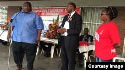 Progressive Teachers Union of Zimbabwe secretary general Raymond Majongwe addressing members of his union. (Photo" PTUZ)