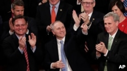 Rep. Steve Scalise, R-La., acknowledges President Donald Trump's introduction during the State of the Union address to a joint session of Congress on Capitol Hill in Washington, Jan. 30, 2018.