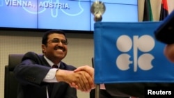 Mohammed Bin Saleh Al-Sada, Minister of Energy and Industry of Qatar and President of the OPEC Conference speak to journalists prior to the start of a meeting of the Organization of the Petroleum Exporting Countries, OPEC, at their headquarters in Vienna, June 2, 2016.