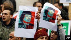 Demonstrators hold up posters depicting Libya's Moammar Gadhafi during a protest in Brussels, February 25, 2011