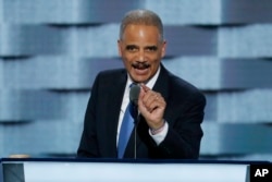 Former Attorney General Eric Holder speaks during the second day of the Democratic National Convention in Philadelphia , July 26, 2016.