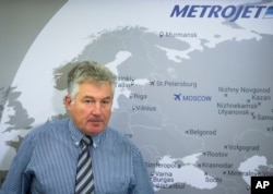 Alexander Smirnov, the deputy general director of Metrojett, the Russian airline company speaks to the media about their plane, which crashed Saturday in Egypt's Sinai Peninsula, in Moscow, Russia, Nov. 2, 2015.