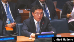 강명철 북한 외무성 국제기구 군축 국장이 19일 뉴욕 유엔본부에서 열린 유엔총회 제1위원회 회의에서 발언하고 있다.