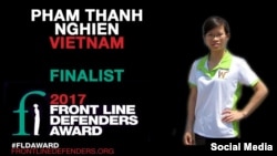 Blogger Phạm Thanh Nghiên (Ảnh: Twitter của Front Line Defenders)