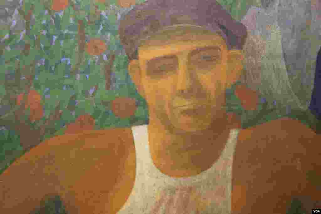 The West Wall of the Ben Shahn mural, which depicts American life after the passage of the Social Security Act, shows farmers picking fruit and a nation at work 
