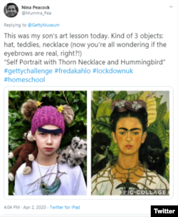 Twitter user Nina Peacock gave her son the home school art assignment of recreating a painting by Frida Kahlo.