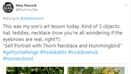 Twitter user Nina Peacock gave her son the home school art assignment of recreating a painting by Frida Kahlo.