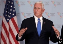 U.S. Vice President Mike Pence speaks during a news conference at the Summit of the Americas in Lima, Peru, April 14, 2018.