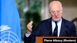 FILE - U.N. mediator for Syria Staffan de Mistura attends a news conference after a meeting at the United Nations in Geneva, Switzerland, Jan. 12, 2017. 