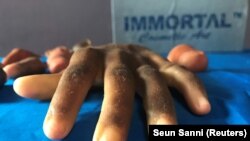 A prosthetic hand is pictured at Immortal Cosmetic Art company, in Uyo, Nigeria January 7, 2020.