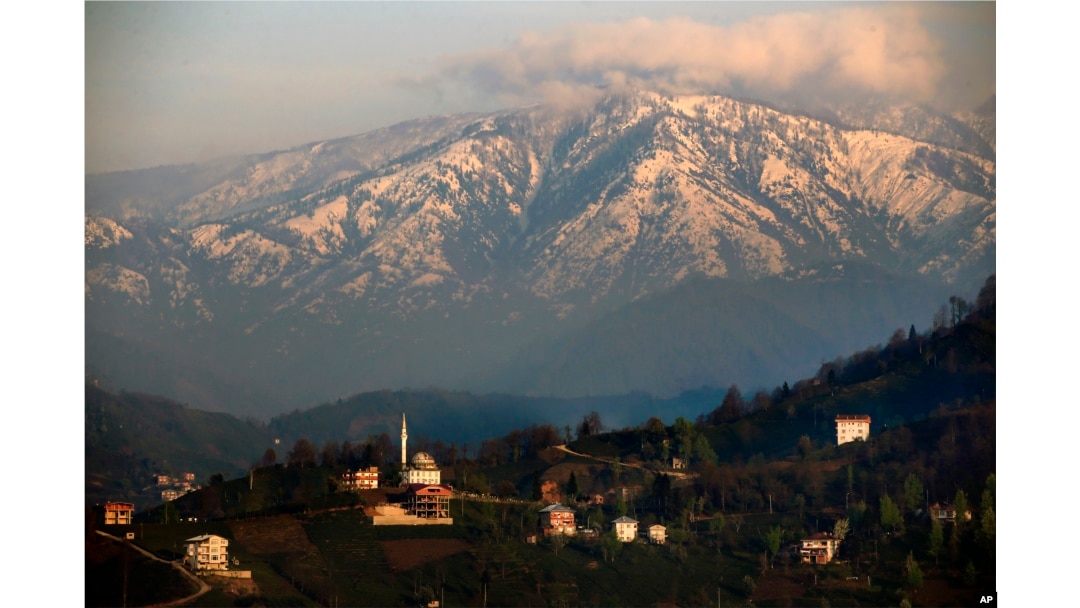 This April 3, 2017 photo, shows a view from the mountaintop village of Dumankaya in the rugged province of Rize on Turkey's Black Sea region.