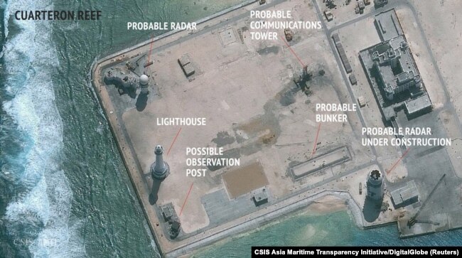 An undated satellite image released by the Asian Maritime Transparency Initiative at Washington's Center for Strategic and International Studies shows construction of possible radar tower facilities in the Spratly Islands in the disputed South China Sea.