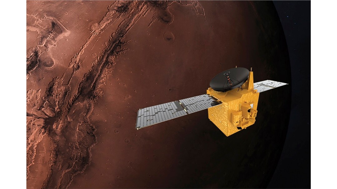 Model komputer gambar wahana antariksa "Al Amal" yang dilaporkan berhasil memasuki orbit Mars (9/2).