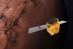 Model komputer gambar wahana antariksa "Al Amal" yang dilaporkan berhasil memasuki orbit Mars (9/2).