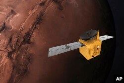 Model komputer gambar wahana antariksa "Al Amal" yang dilaporkan berhasil memasuki orbit Mars (9/2).