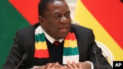 Zimbabwe's President Emmerson Mnangagwa speaks during a meeting with Belarus' President Alexander Lukashenko in Minsk, Belarus, Jan. 17, 2019. 