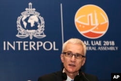 FILE - Jurgen Stock, Secretary General of Interpol, talks at a press conference in Dubai, United Arab Emirates, Nov. 18, 2018.