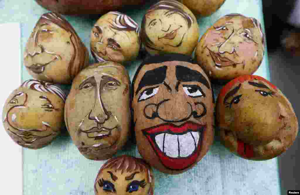 Potatoes display images of U.S. President Barack Obama (3rd R) and his Russian counterpart Vladimir Putin (3rd L), created by cartoon artists Daria Chebunina and Tatiana Mironenko, during a food fair in Krasnoyarsk, Russia, Sept. 20, 2014.