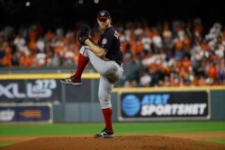 Washington Nationals starting pitcher Stephen Strasburg throws during the first inning of Game 6 of the baseball World Series against the Houston Astros Tuesday, Oct. 29, 2019, in Houston. (AP Photo/Matt Slocum)