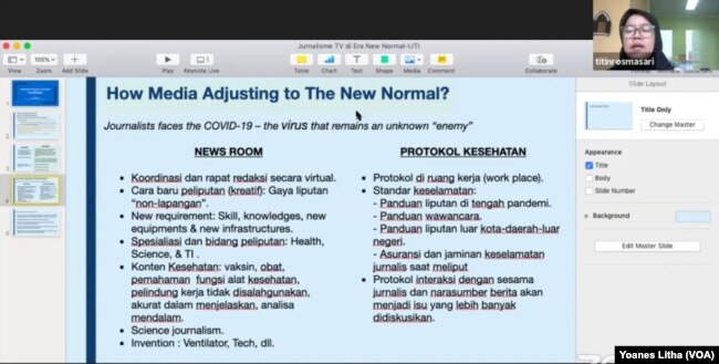 Titin Rosmasari dari CNN Indonesia memaparkan bagaimana media beradaptasi menghadapi penyebaran virus corona dalam diskusi virtual “Merumuskan Pola Baru Jurnalisme TV di Era New Normal (28/5) oleh Ikatan Jurnalis Televisi Indonesia (IJTI). (Foto: VOA)