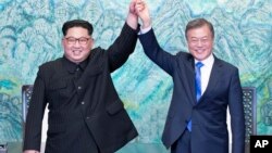 北韓領導人金正恩(左)和南韓總統文在寅在板門店簽署一項聯合聲明後舉起握在一起的手(2018年4月27日)