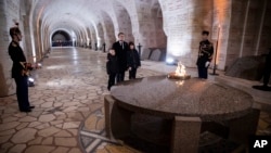 French President Emmanuel Macron visits the Ossuary of Douaumont near Verdun, Nov. 6, 2018, marking the centenary WW1's end.