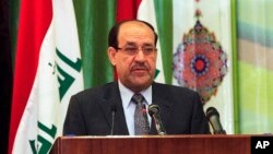 27일 바그다드에서 누리 알 말리키 이라크 총리가 연설하고 있다.