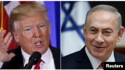 U.S. President-elect Donald Trump speaks during a news conference in the lobby of Trump Tower in Manhattan, New York City, U.S., Jan. 11, 2017 and Israeli Prime Minister Benjamin Netanyahu attends the weekly Cabinet meeting in Jerusalem Jan. 22, 2017 in a combination of file photos. 