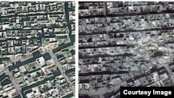 Left: Aerial view of Aleppo from December 2012; right: in February 2013, after ballistic missile strikes. (DigitalGlobe/Atrium/Analysis by AAAS)