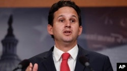 FILE - Sen. Brian Schatz, D-Hawaii, speaks during a news conference on Capitol Hill in Washington, May 24, 2017. Schatz said that "there needs to be tough and quick accountability" for the false missile threat tweet sent Jan. 13, 2018.