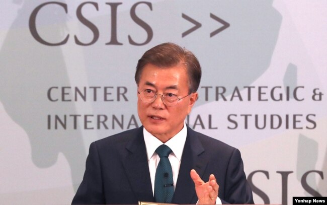 FILE - South Korea's President Moon Jae-In speaks at the CSIS seminar in Washington, June 30, 2017.
