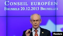 European Union President Herman van Rompuy speaks at a news conference at the end European Union leaders summit in Brussels, Dec. 20, 2013.