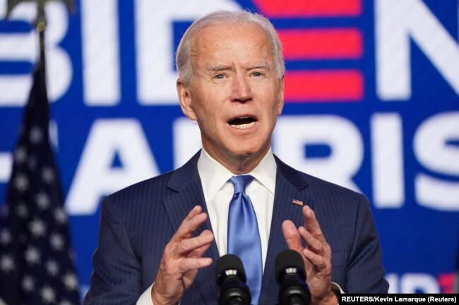 Ứng cử viên tổng thống Đảng Dân chủ, cựu Phó Tổng thống Joe Biden, phát biểu ngày thứ Sáu, ngày 6 tháng 11, 2020, ở Wilmington, bang Delaware.