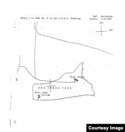 Red Cross Zone declared by the International Red Cross on May 13, 1948 around Government House in Jerusalem. Source: Annex 1 to Case No. 6 of U.N. Central Truce Supervision Board Findings, Israel State Archives.