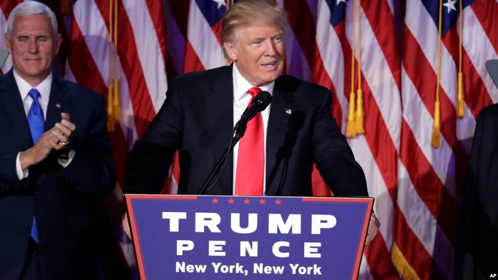 President-elect Donald Trump gives his acceptance speech during his election night rally, Nov. 9, 2016, in New York. 