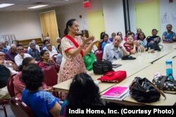 Usha Shah, 73, participates in a Father’s Day discussion at India Home.