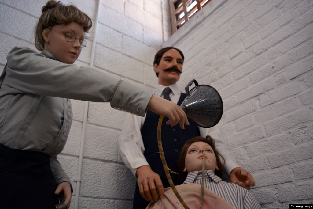 Wax statues at the Workhouse Prison Museum in Lorton, Virginia, show the 1917 force-feeding of Lucy Burns, an American suffragist and women&#39;s rights advocate who was on a hunger strike. (Photo by Diaa Bekheet)