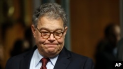 FILE - In this July 12, 2017, photo, Senate Judiciary Committee member Sen. Al Franken, D-Minn., arrives on Capitol Hill in Washington. Franken now, too, faces sexual misconduct allegations.