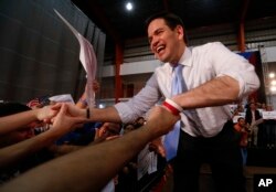 Republican presidential candidate, Sen. Marco Rubio, R-Fla., shakes hands at a rally in Toa Baja, Puerto Rico, March 5, 2016. The Republican primary will be held on the island nation Sunday.
