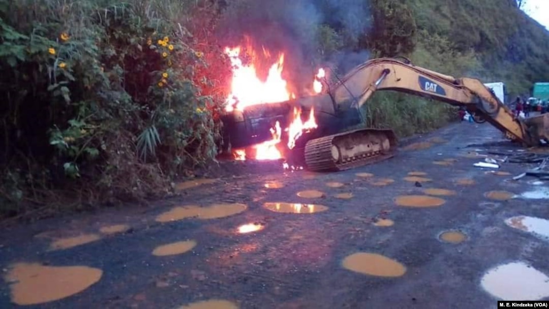 Seized road construction equipment used to block roads and destroy buses in Akum, Cameroon, Sept. 9, 2018.