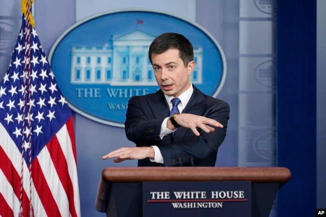 Transportation Secretary Pete Buttigieg speaks during the daily briefing at the White House in Washington, on Nov. 8, 2021. (AP Photo/Susan Walsh)