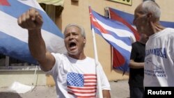 Anti-Castro activist protests in Little Havana in Miami, Florida, July 20, 2015. 