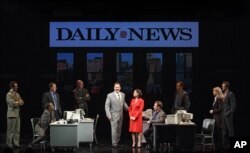 Tom Hanks (center left) is nominated for Best Actor for his portrayal of tabloid columnist Mike McAlary in "Lucky Guy." (Photo by Joan Marcus)