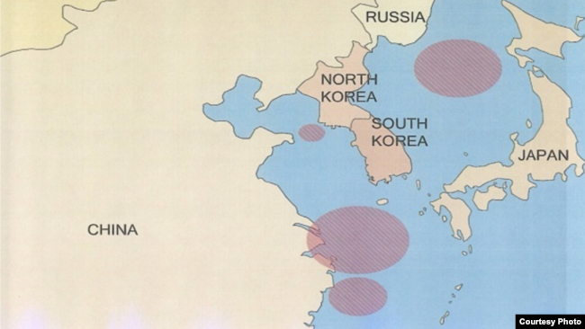 美國財政部公布朝鮮船隻海上交貨的水域主要在中國沿海（美國財政部網站截圖）