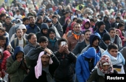 A group of migrants walks in Dobova, Slovenia, Oct. 20, 2015.