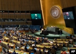 Presiden Iran Hassan Rouhani saat berpidatom di hadapan Sidang Majelis Umum PBB, 25 September 2019.