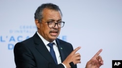 WHO Director-General Tedros Adhanom Ghebreyesus speaks during the opening of the World Health Organisation Academy in Lyon, central France, Sept. 27, 2021. 