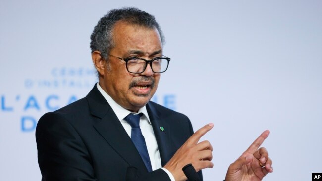 WHO Director-General Tedros Adhanom Ghebreyesus speaks during the opening of the World Health Organisation Academy in Lyon, central France, Sept. 27, 2021.