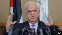 Palestinian Saeb Erekat, a veteran peace negotiator, speaks during a news conference in the West Bank city of Ramallah, Sept. 11, 2018.