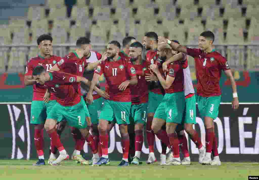 Morocco&#39;s Achraf Hakimi celebrates scoring their second goal with teammates against Malawi in Cameroon, Jan. 25, 2022.